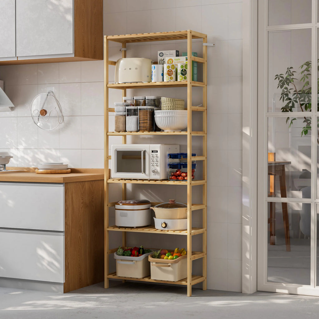 6 Tier Bamboo Storage Shelf Freestanding Bookcase Adjustable Shelving Unit for Living Room Bathroom and Kitchen – Natural Wood
