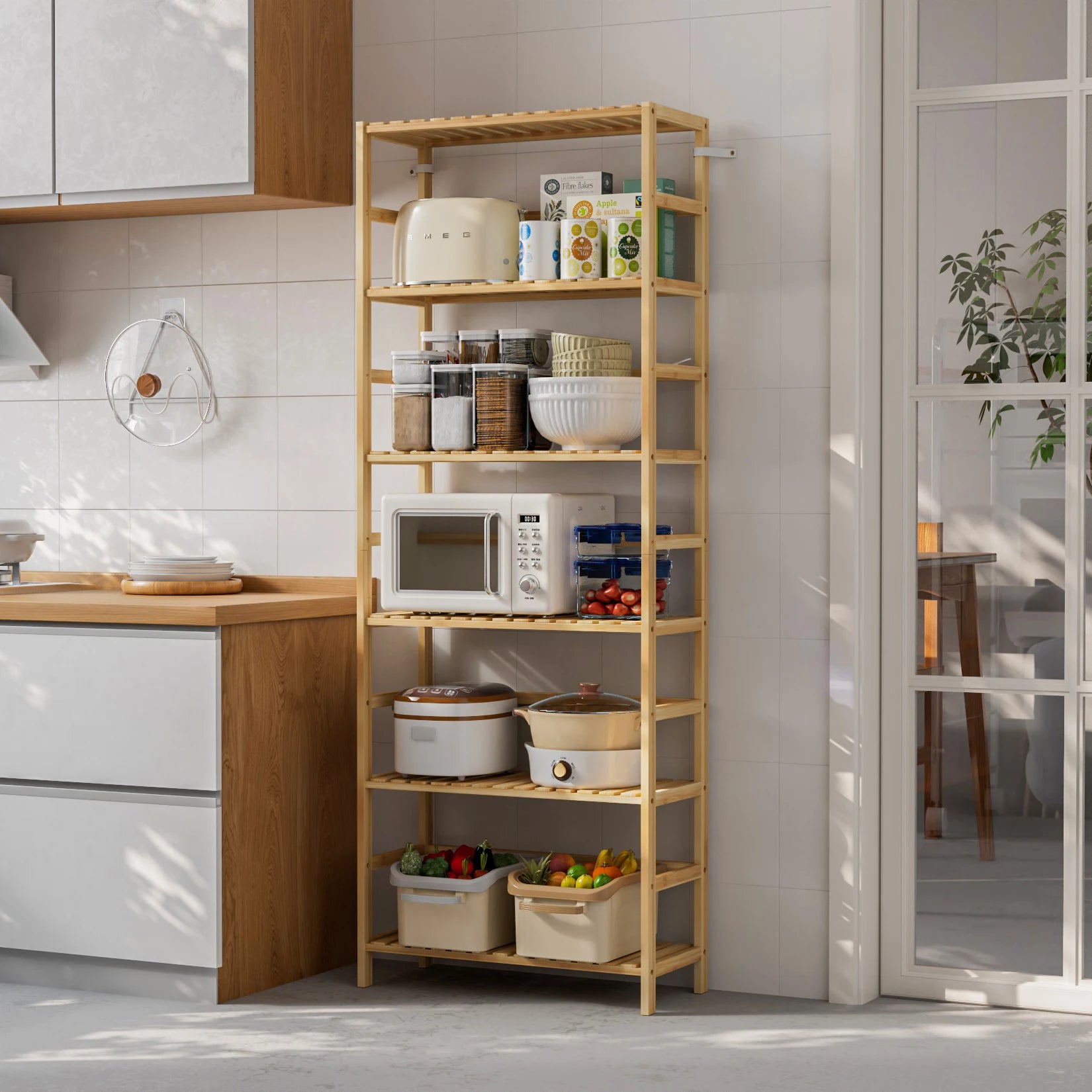 6 Tier Bamboo Storage Shelf Freestanding Bookcase Adjustable Shelving Unit for Living Room Bathroom and Kitchen – Natural Wood