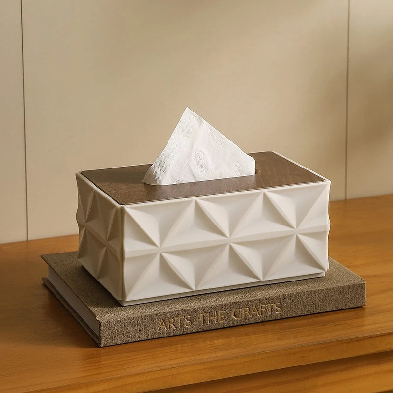 Large Capacity Ripple Tissue Box Cover with Wooden Lid Modern Desktop Tissue Holder Home Organizer – White