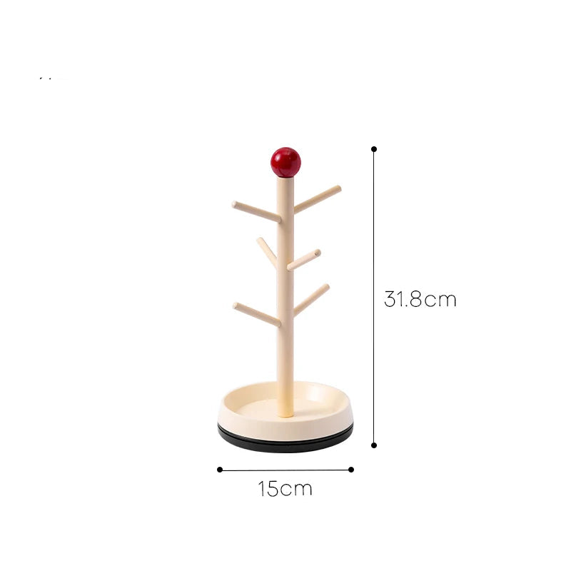 Rotating Wooden Mug Tree Cup Holder Countertop Coffee Cup Drying Rack Storage Stand with Red Accent