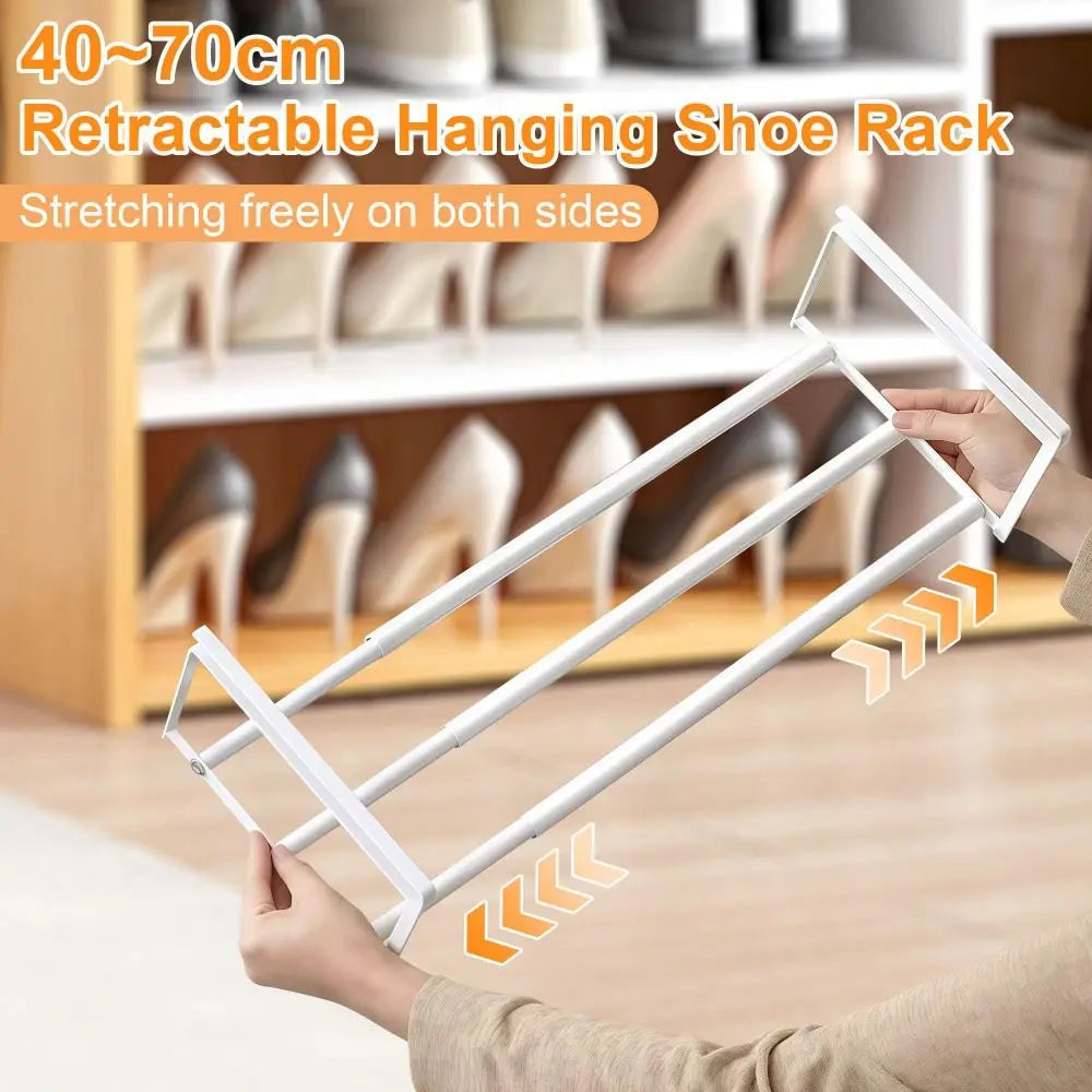 Expandable Under Shelf Shoe Rack Adjustable Hanging Shoe Organizer for Cabinet Closet and Entryway – White