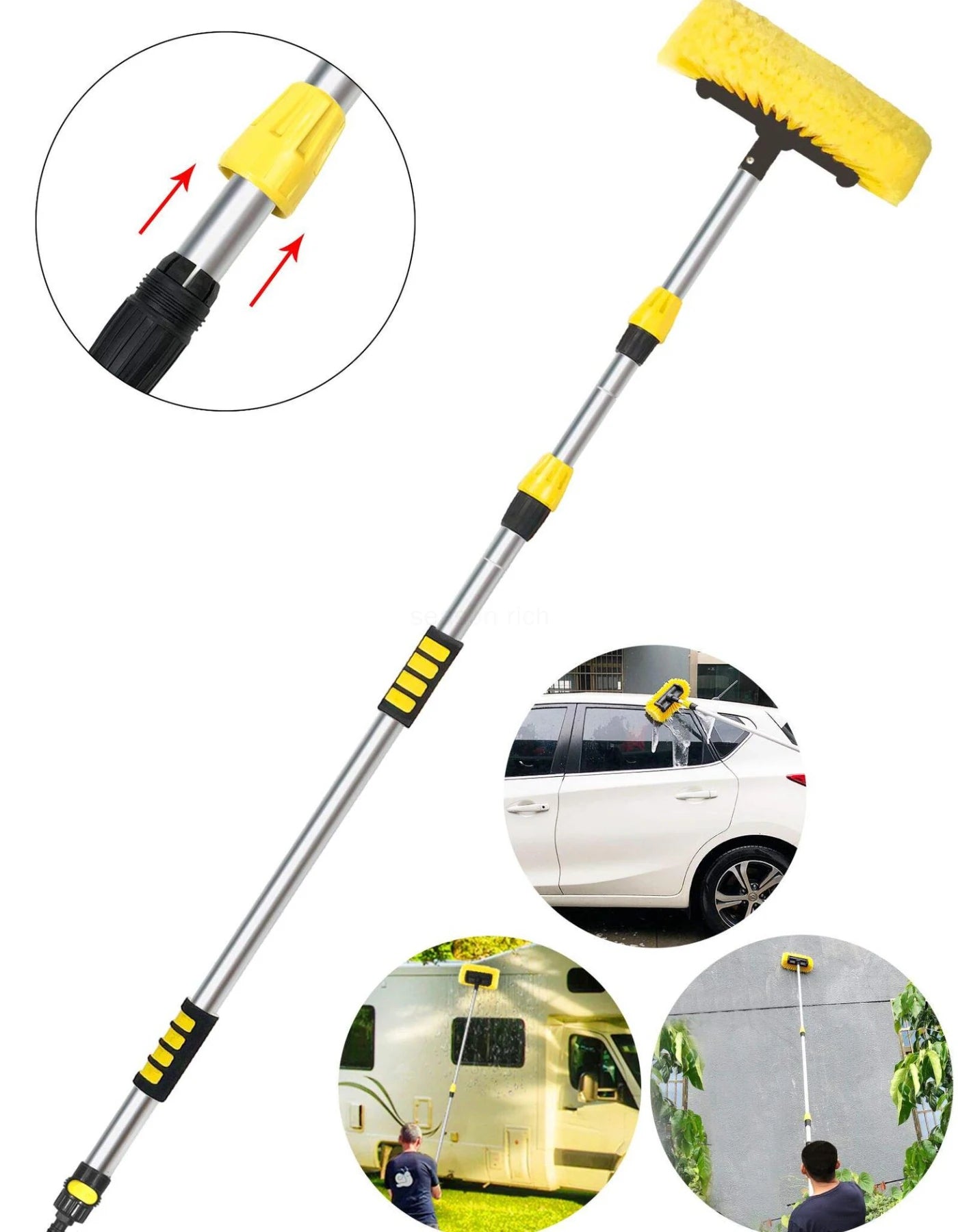 Car Cleaning Brush with Water Flow Retractable Handle 75–160cm Soft Bristle Wash Tool Yellow