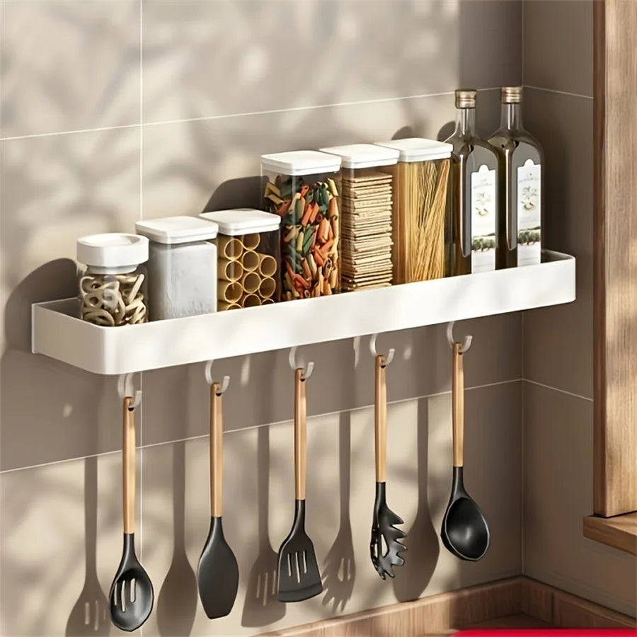 Wall Mounted Aluminum Kitchen Spice Rack with Hooks Storage Shelf Organizer – 50cm