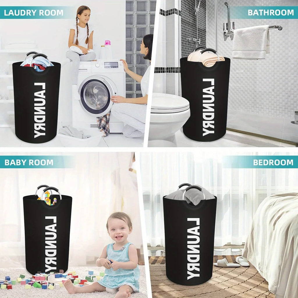 Laundry Basket 90L Foldable Waterproof Oxford Hamper with Padded Handles - Black