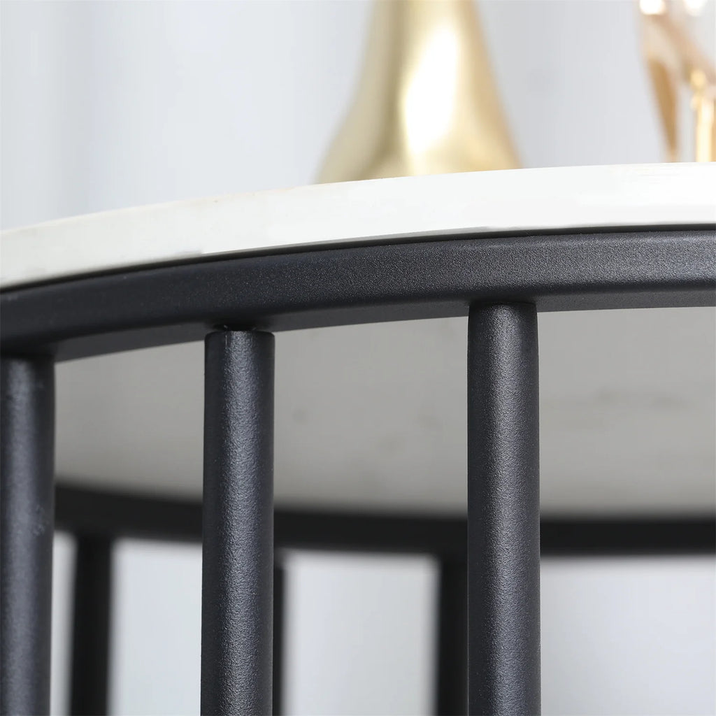 Side Table 2 Tier Sintered Stone Round Coffee Table with Storage - Black