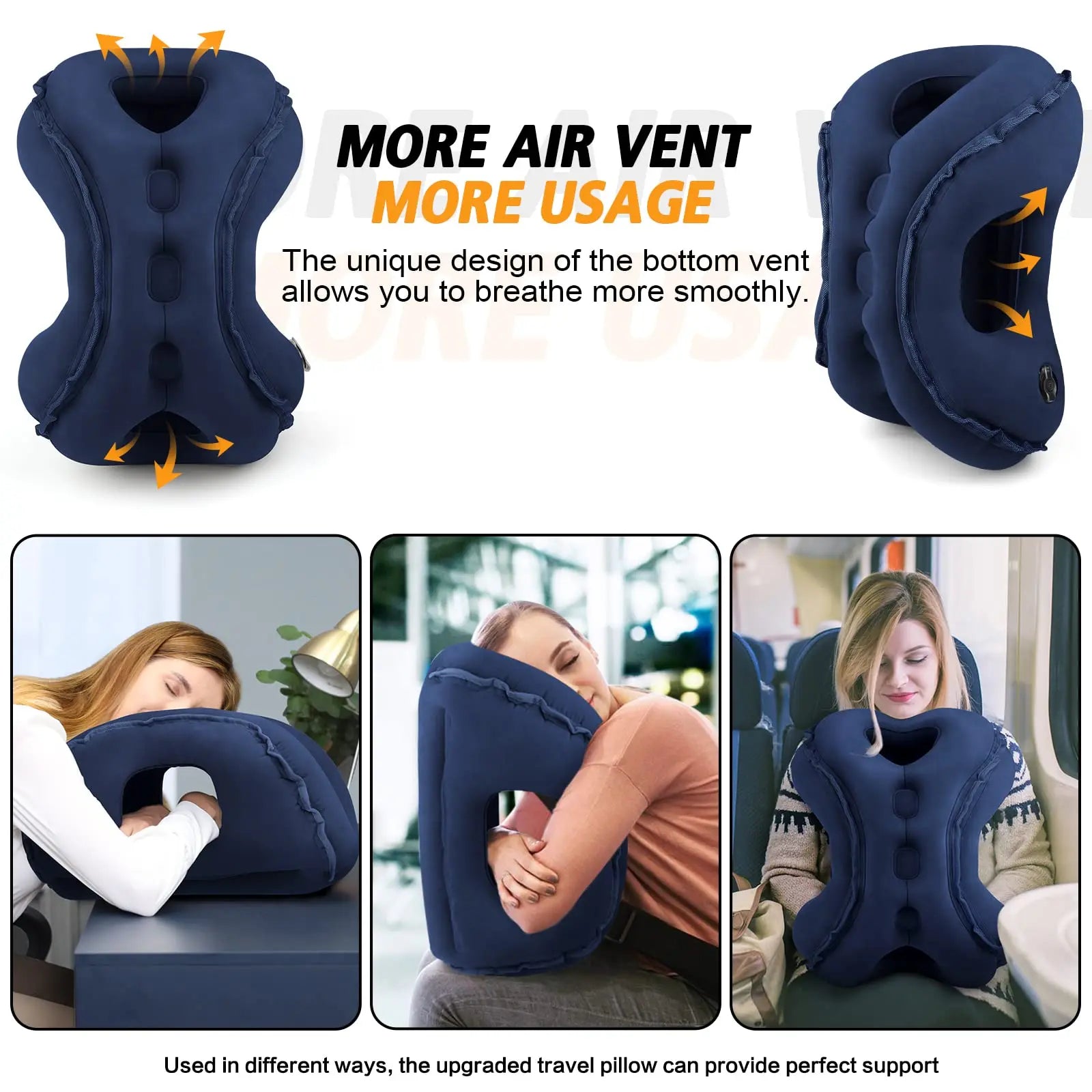 Inflatable Travel Neck Pillow Ergonomic Airplane Head and Neck Support Cushion – Black