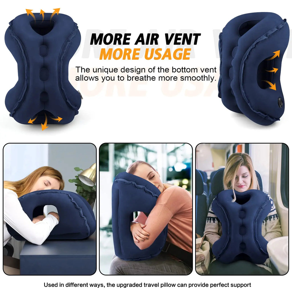 Inflatable Travel Neck Pillow Ergonomic Airplane Head and Neck Support Cushion – Grey
