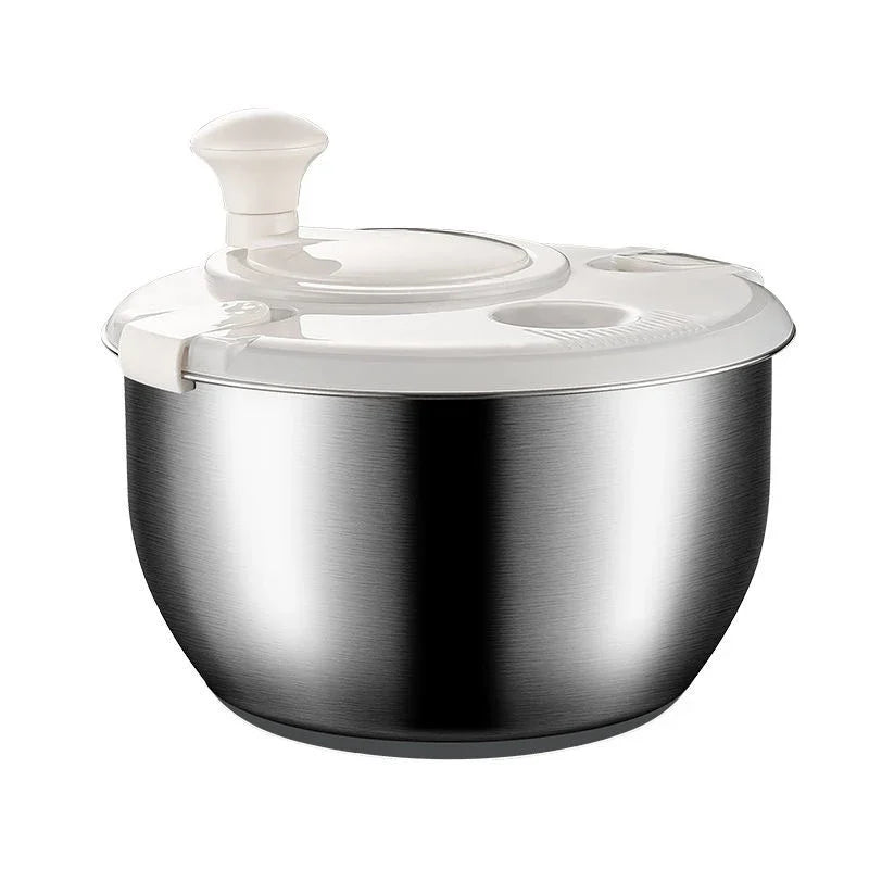 Stainless Steel Salad Spinner with Manual Spin Lid and Removable Drainer Basket