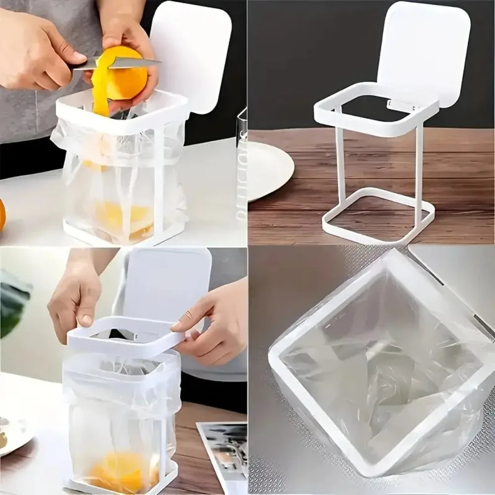 Foldable Mini Trash Bag Holder Portable Desktop Kitchen Food Waste Bin with Lid – White