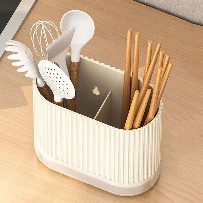 Kitchen Chopstick Holder Spoon Storage Box PP Drain Rack Wall Mounted - White