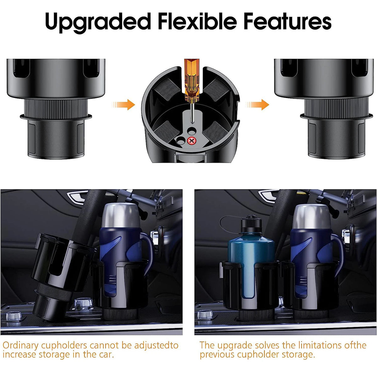 Car Cup Holder Expander 2 in 1 Adjustable Drink and Phone Holder - Black