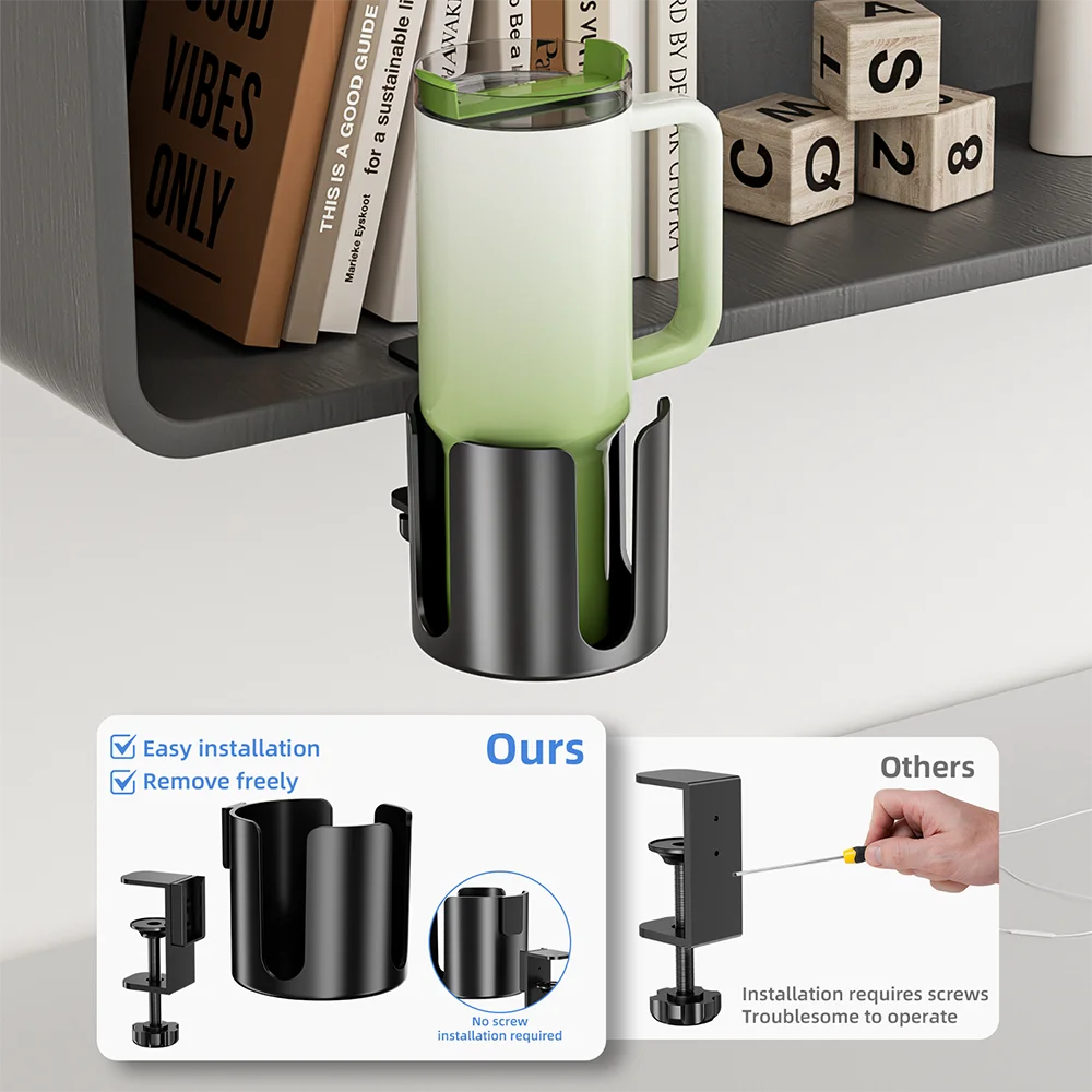 Clamp-On Desk Cup Holder No Drill Drink Cup Organizer for Coffee Mugs and Water Bottles – Black