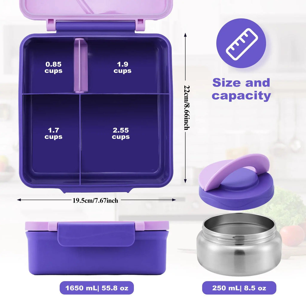Lunch Box 1.6L 4 Compartment Bento with Insulated Soup Container - Purple