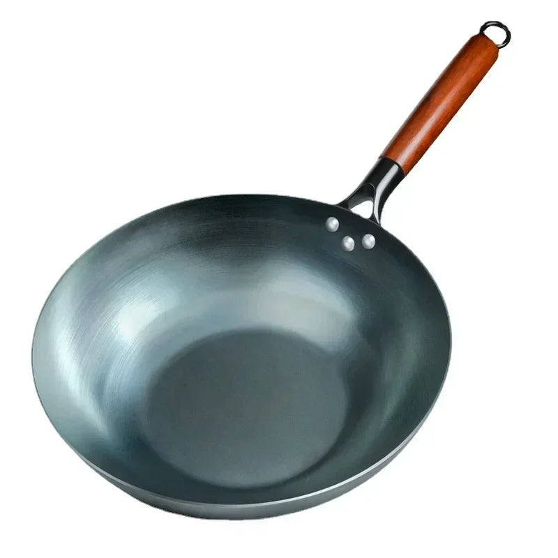 Flat Bottom Blue Iron Wok Pan 30cm Traditional Non-Coated Stir Fry Pan for Gas and Induction Cooktops