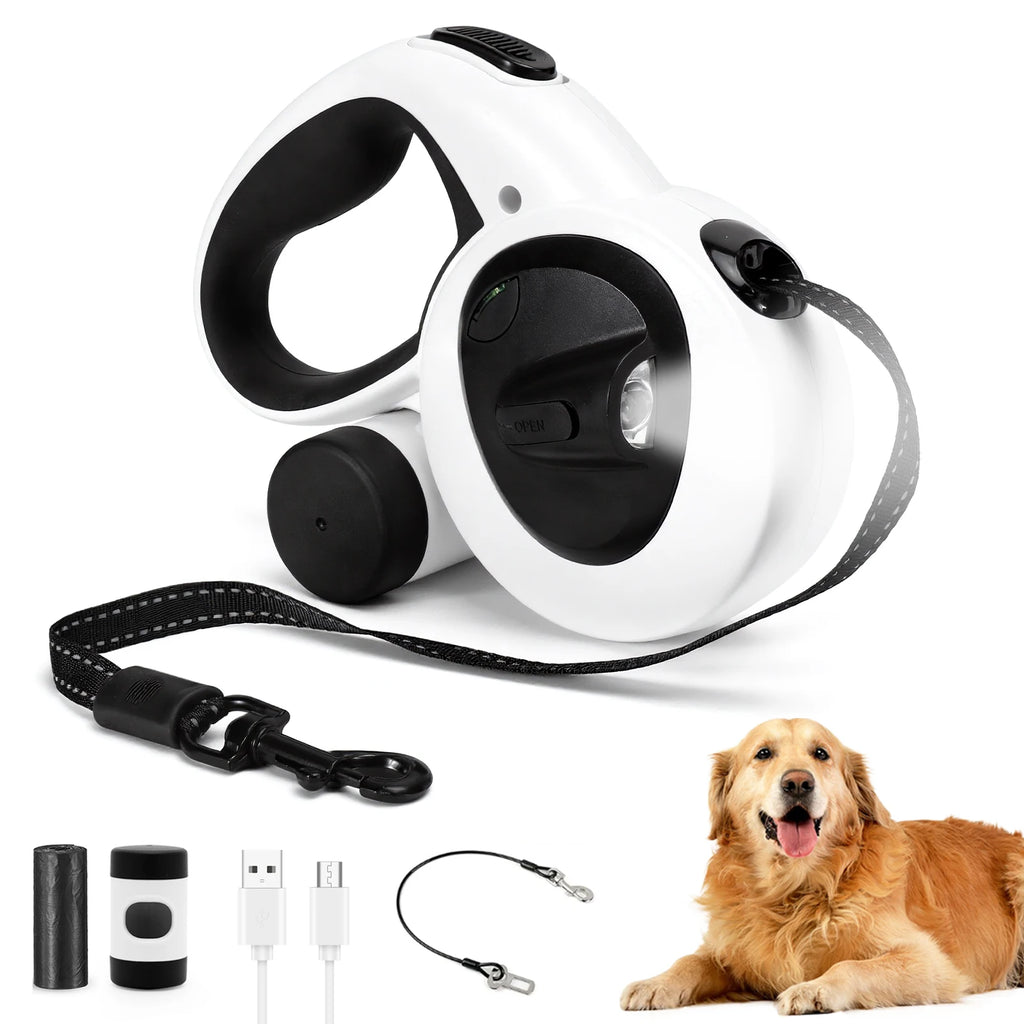 Dog Leash 4.9 m Retractable Rechargeable LED Light Steel Cable with Waste Bag Holder for Outdoor Walks