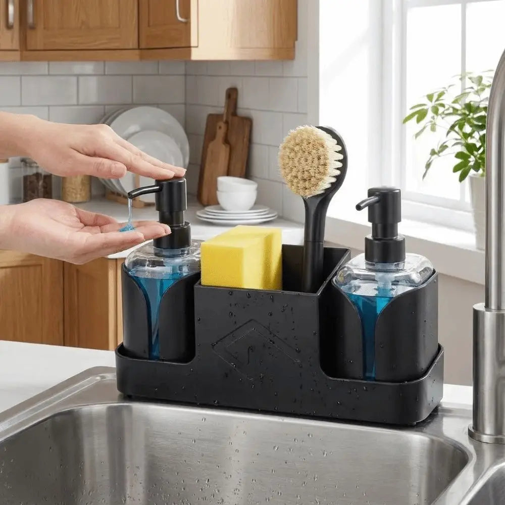 2 in 1 Kitchen Soap Dispenser with Sponge Holder Refillable Sink Caddy and Storage Tray – White