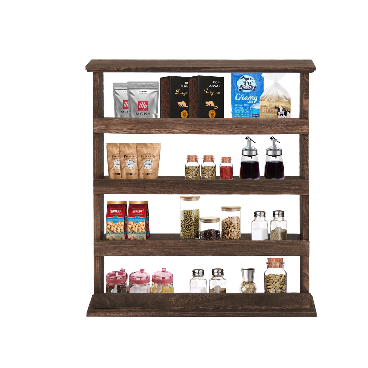 Floating Spice Rack 4 Tier Wall Mounted Wooden Kitchen Shelf Organiser - Brown