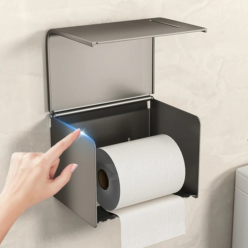 Large Waterproof Wall Mounted Toilet Paper Holder with Storage Shelf Aluminium Alloy Tissue Box – Black