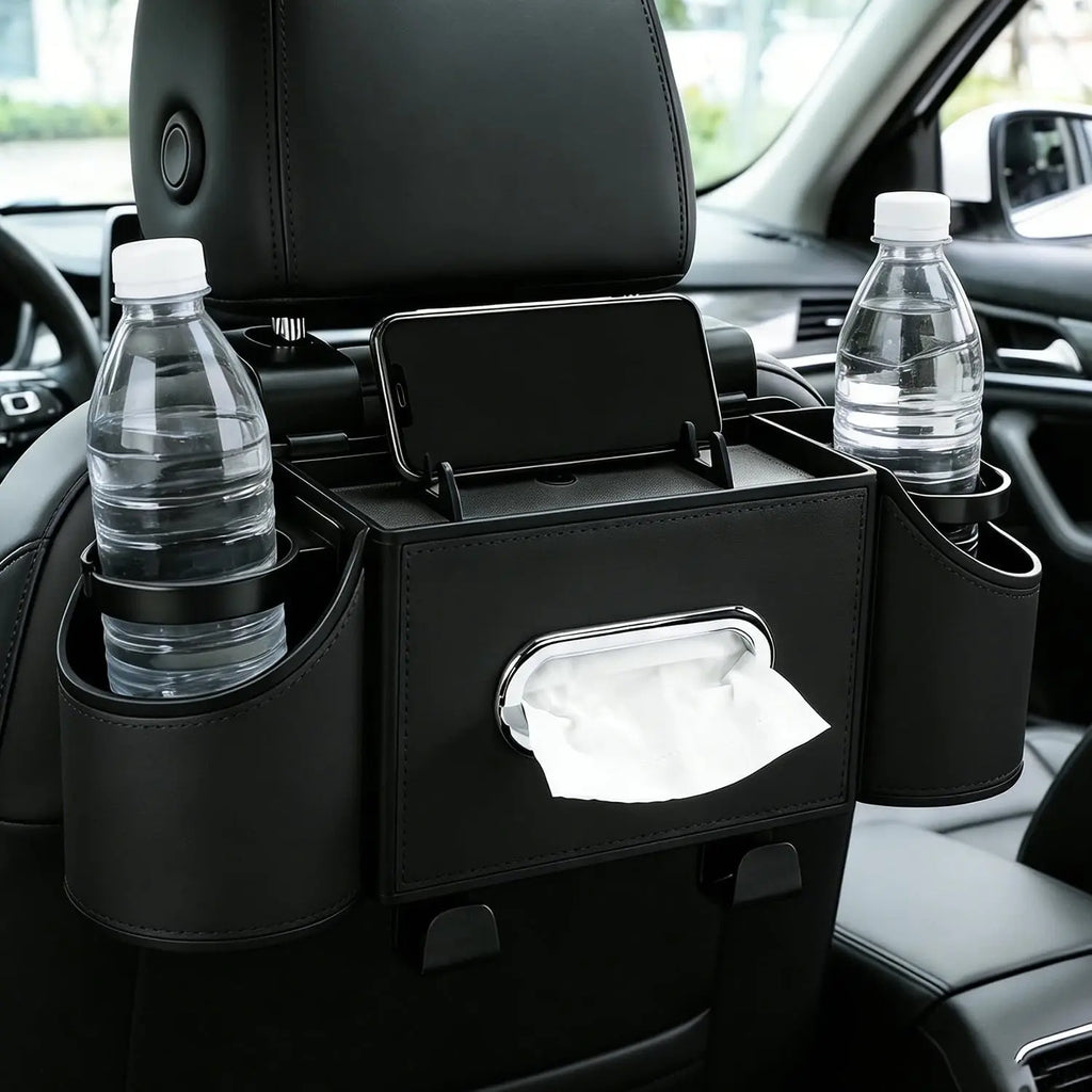 Backseat Car Organiser 4 in 1 Storage with Cup Holders Tissue Holder Phone Tray - Black