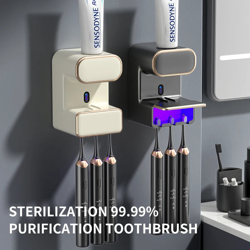 UV Toothbrush Holder Wall Mounted Automatic Toothpaste Dispenser Storage Rack – White