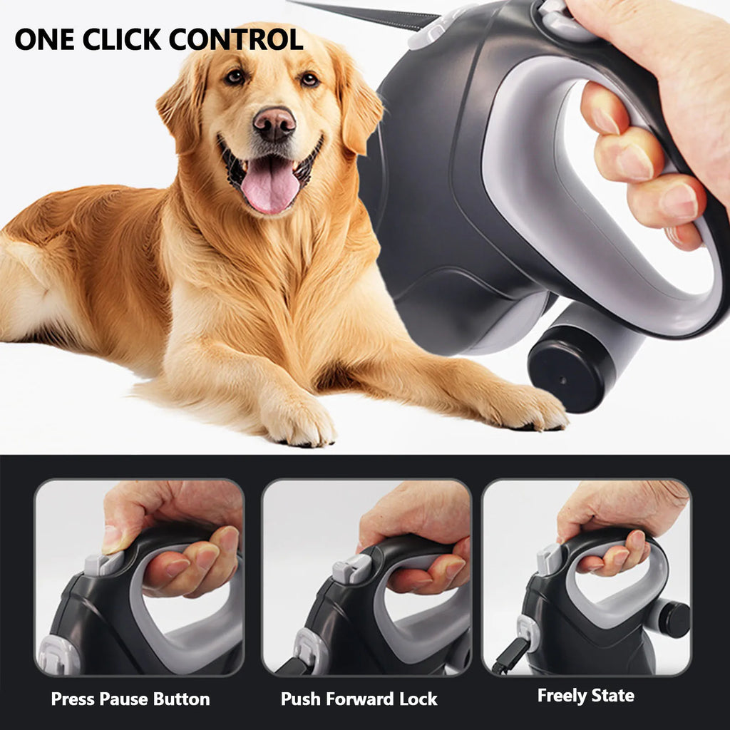 Dog Leash 10 m Retractable Lead 360° Tangle Free Handle with Waste Bag Dispenser for Outdoor Walks
