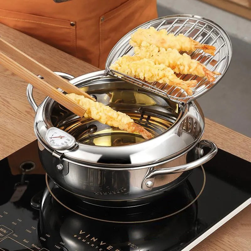 Oil Frying Pan 28 cm Stainless Steel Deep Frying Pot with Thermometer, Lid and Drain Rack