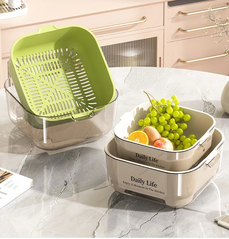 Double Layer Vegetable Wash Basin Colander Basket with Drainage Bowl – White