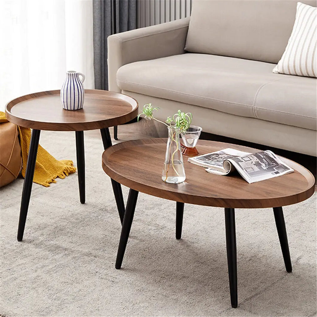 Set of 2 Nesting Coffee Tables Round Rustic Side Tables with Wood Top and Metal Legs – Chocolate
