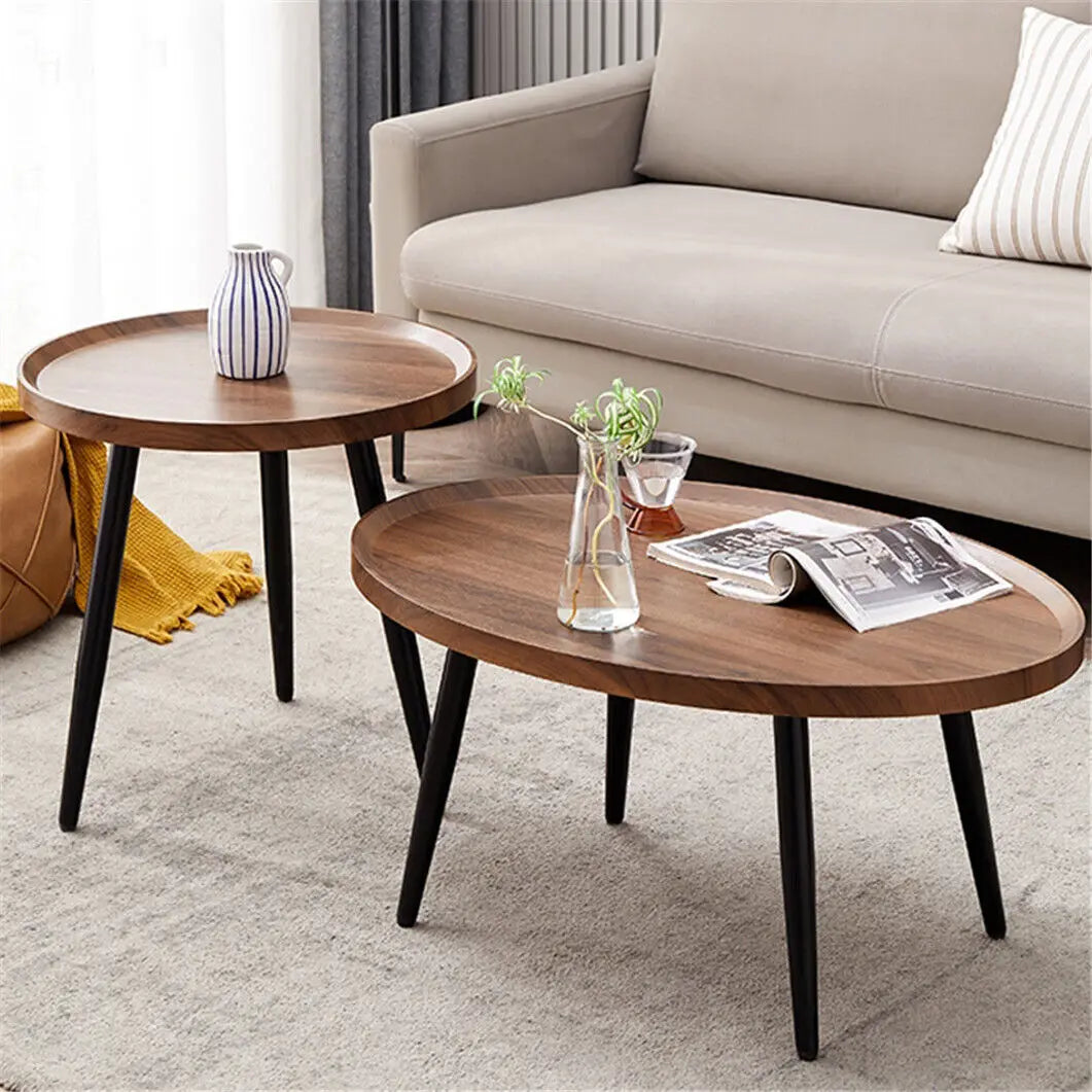 Set of 2 Nesting Coffee Tables Round Rustic Side Tables with Wood Top and Metal Legs – Chocolate