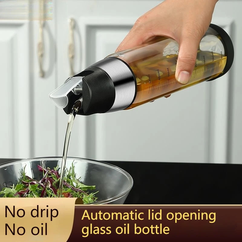 Oil Dispenser Bottle Heat Resistant Glass Automatic Pouring Leak Resistant 500mL Kitchen Jar - White