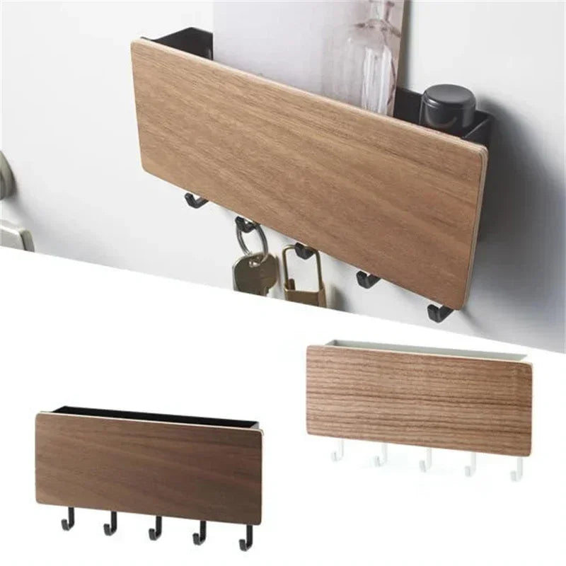 Wall Mounted Bamboo Key Holder Rack with 6 Hidden Hooks Entryway Organiser – Black
