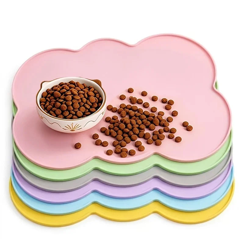 Pet Feeding Mat Silicone Waterproof Cat Bowl Placemat with Raised Edge - Blue