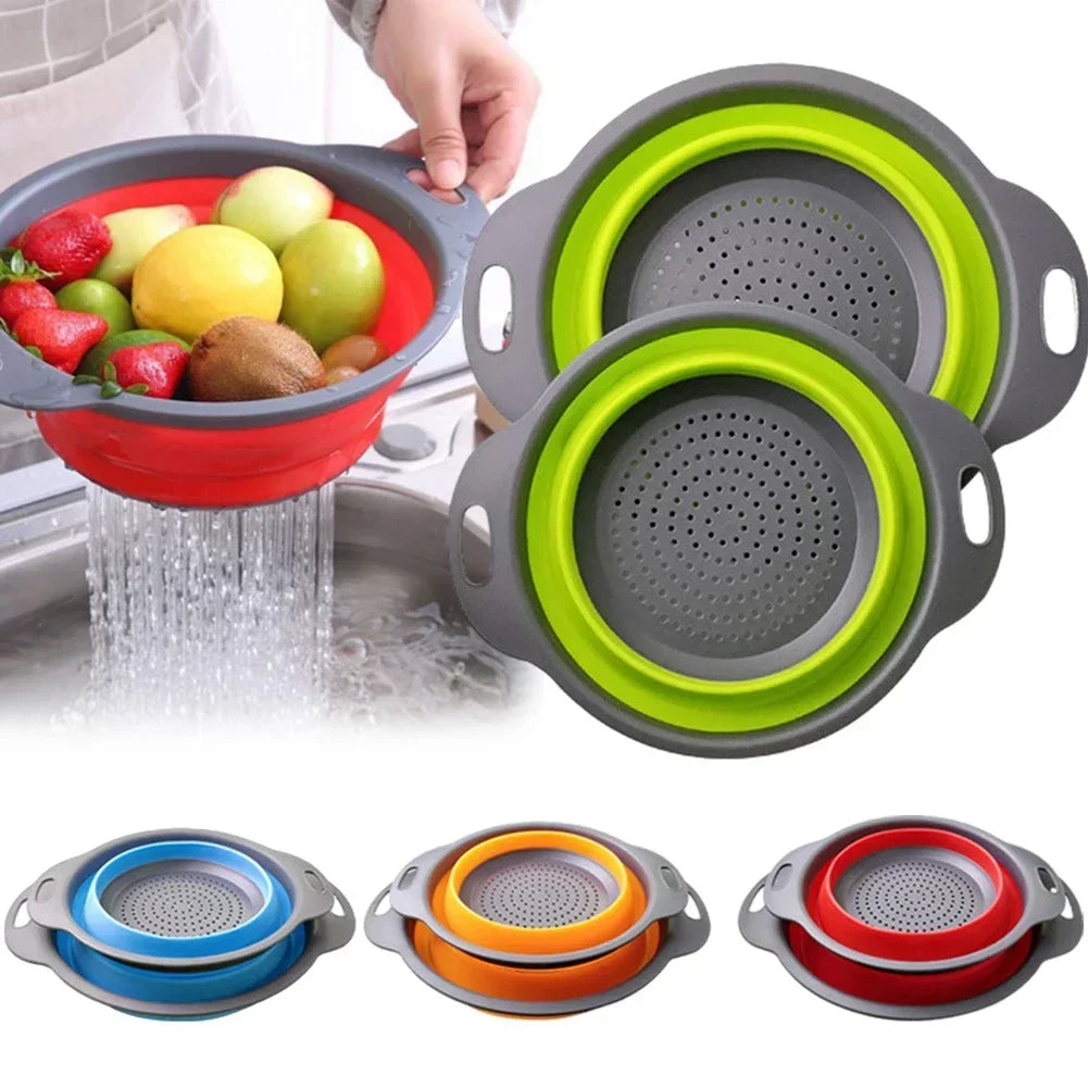 Collapsible Silicone Colander Foldable Fruit Vegetable Drain Basket 30cm Kitchen Strainer – Red