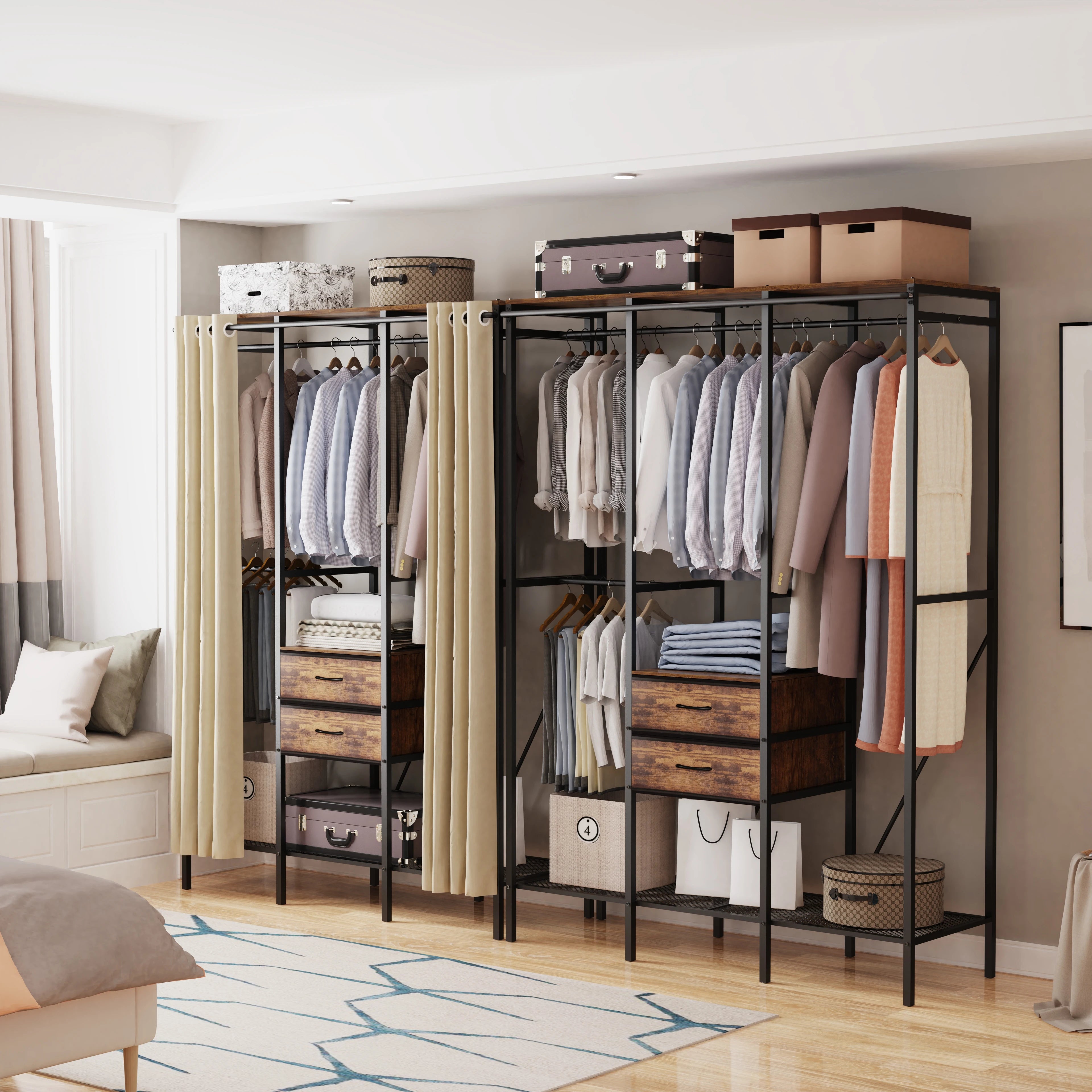 Industrial Clothes Rack Wardrobe with Shelves Drawers and Hanging Rail - Black