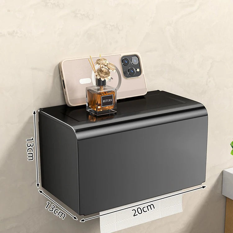 Large Waterproof Wall Mounted Toilet Paper Holder with Storage Shelf Aluminium Alloy Tissue Box – Black