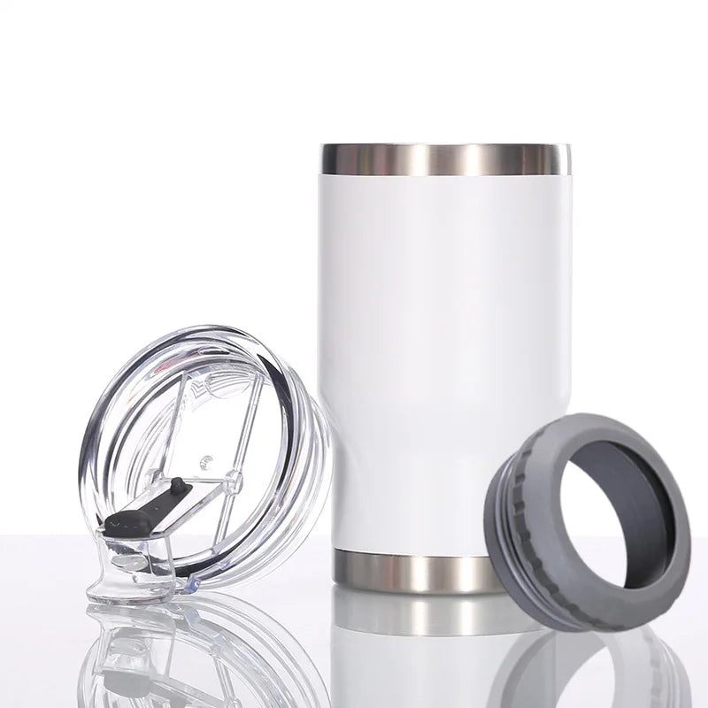 14oz Stainless Steel Insulated Can Cooler Tumbler with Dual Lids and Bottle Opener – White