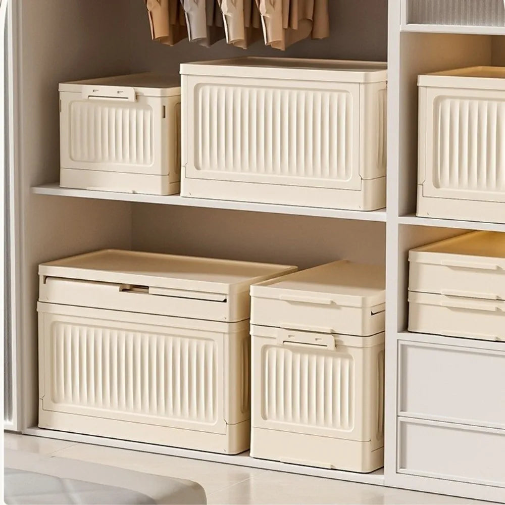 Storage Box with Lid 44 × 27 × 26.5 cm Foldable Stackable PP Organiser - Beige