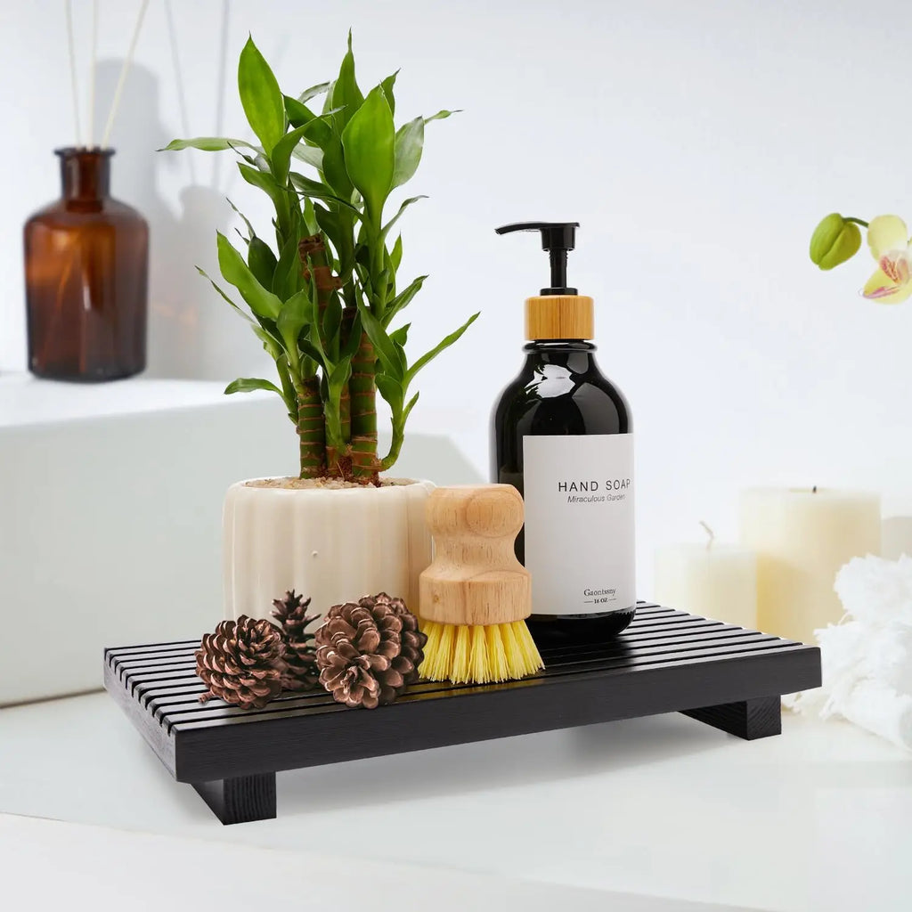 Wooden Bathroom Counter Organizer Display Riser Kitchen Countertop Tray Soap Dispenser Stand – White