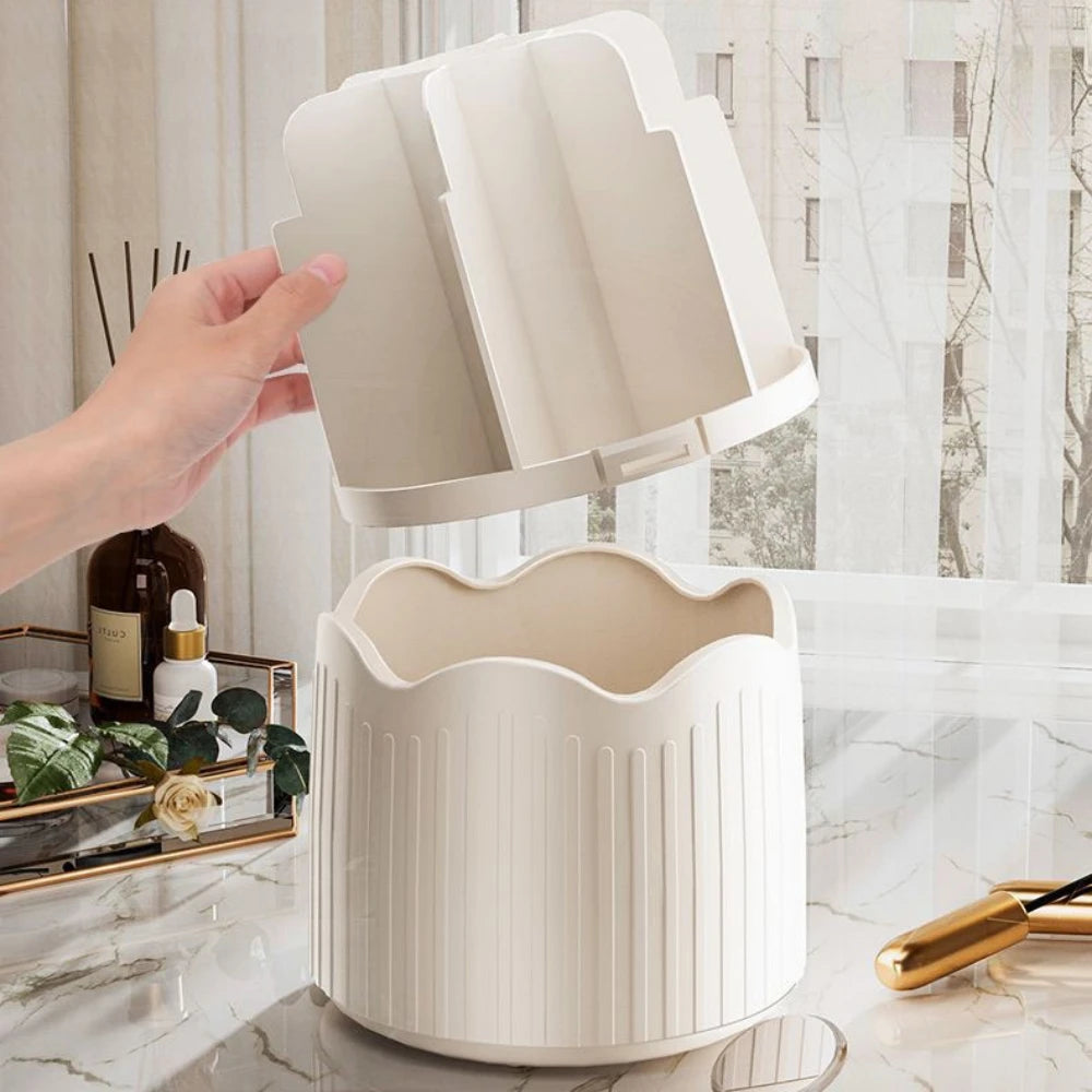 360° Rotating Makeup Brush Holder Cosmetics Organizer with Dustproof Lid and Storage Compartments – White