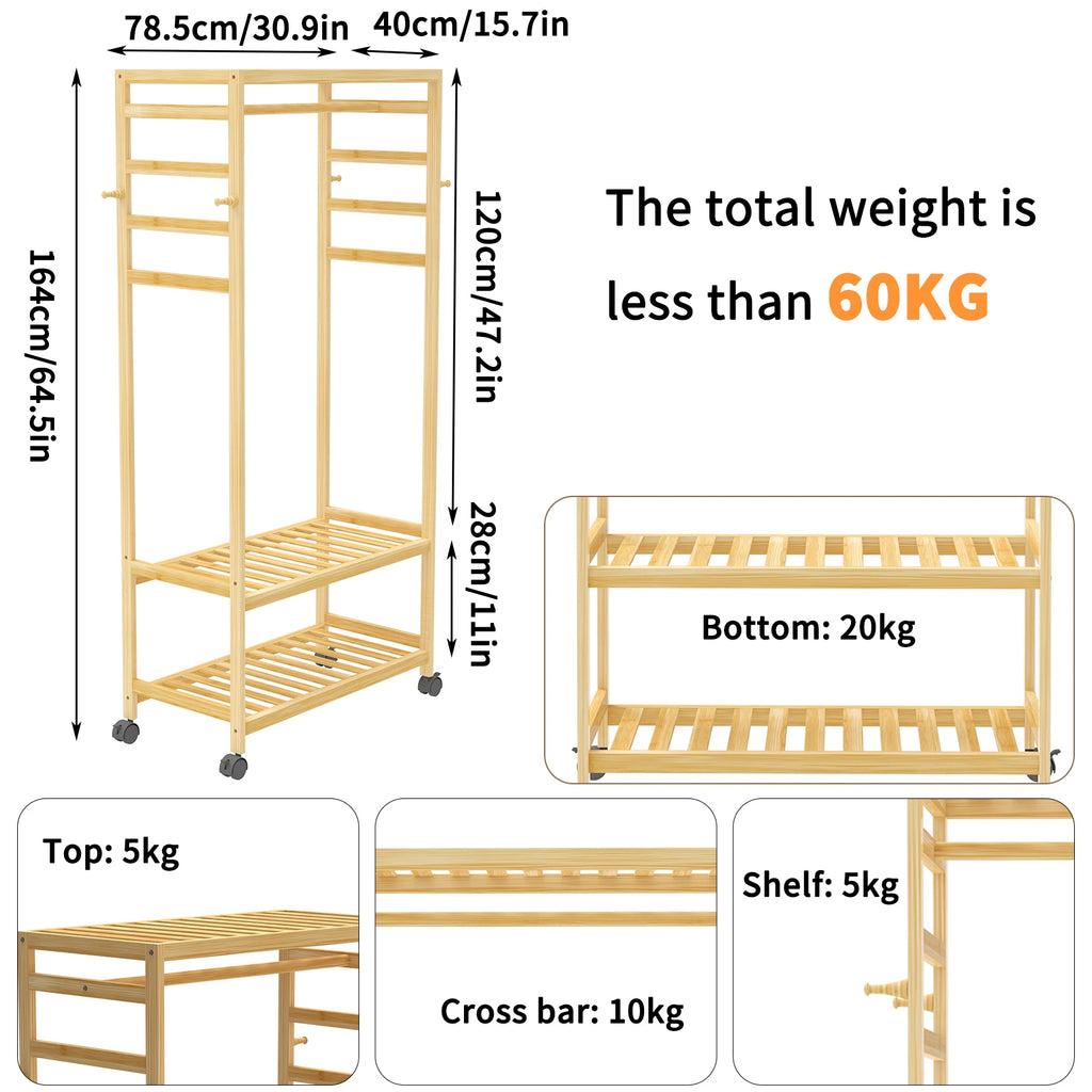 Bamboo Garment Rack with Shelves and Rolling Wheels Freestanding Clothes Hanging Organizer – Natural Wood
