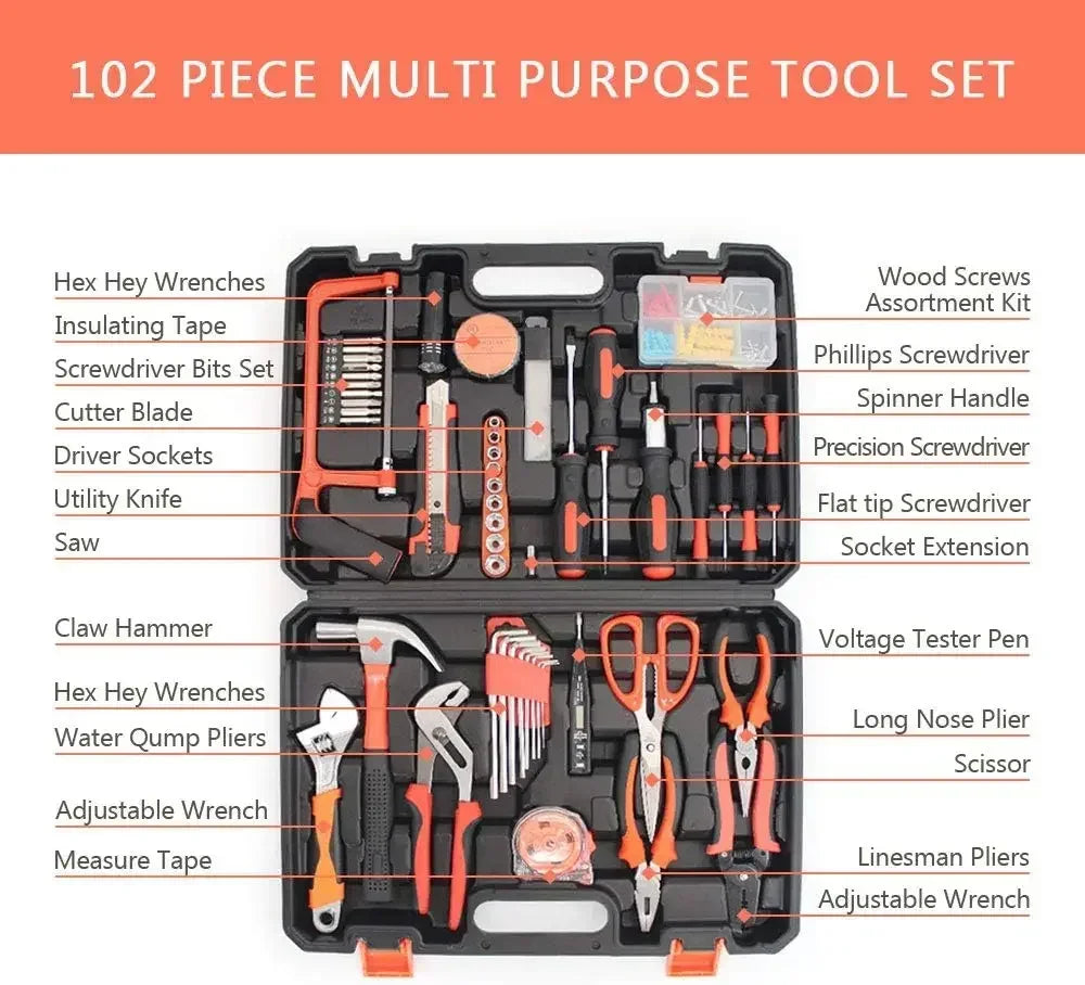 102PCS Household Tool Set Electrician Car Repair Woodworking Tools Combination Kit with Case