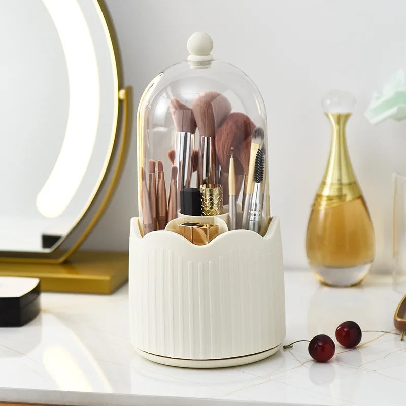 360° Rotating Makeup Brush Holder Cosmetics Organizer with Dustproof Lid and Storage Compartments – Yellow