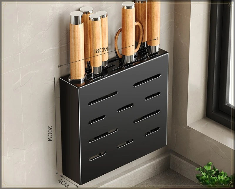 Wall Mounted Kitchen Knife Rack 30.2 cm Stainless Steel Space Saving Utensil Organiser - Black