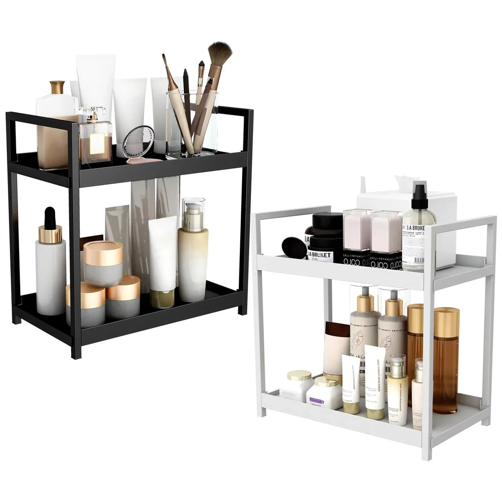 2 Tier Under Sink Organizer Sliding Storage Rack Hooks Bathroom Kitchen - Black