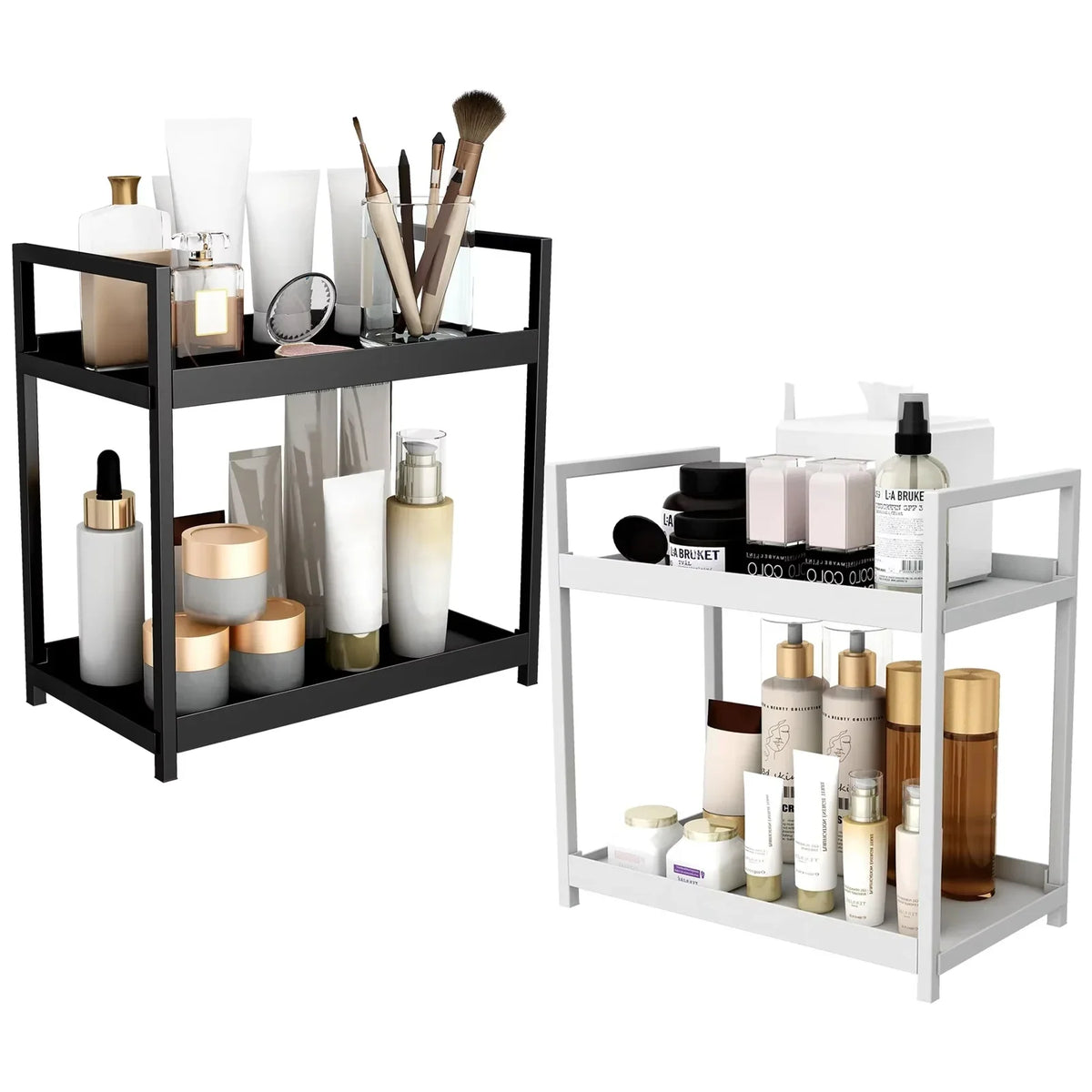 2 Tier Under Sink Organizer Sliding Storage Rack Hooks Bathroom Kitchen - Black