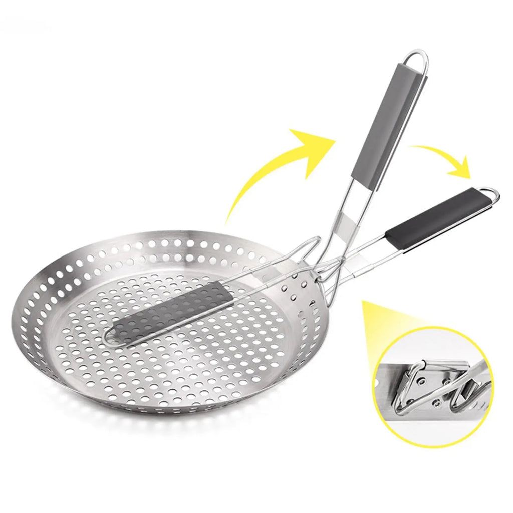 Grill Pan Stainless Steel Folding Stovetop Cooking Tray with Removable Handle - Black