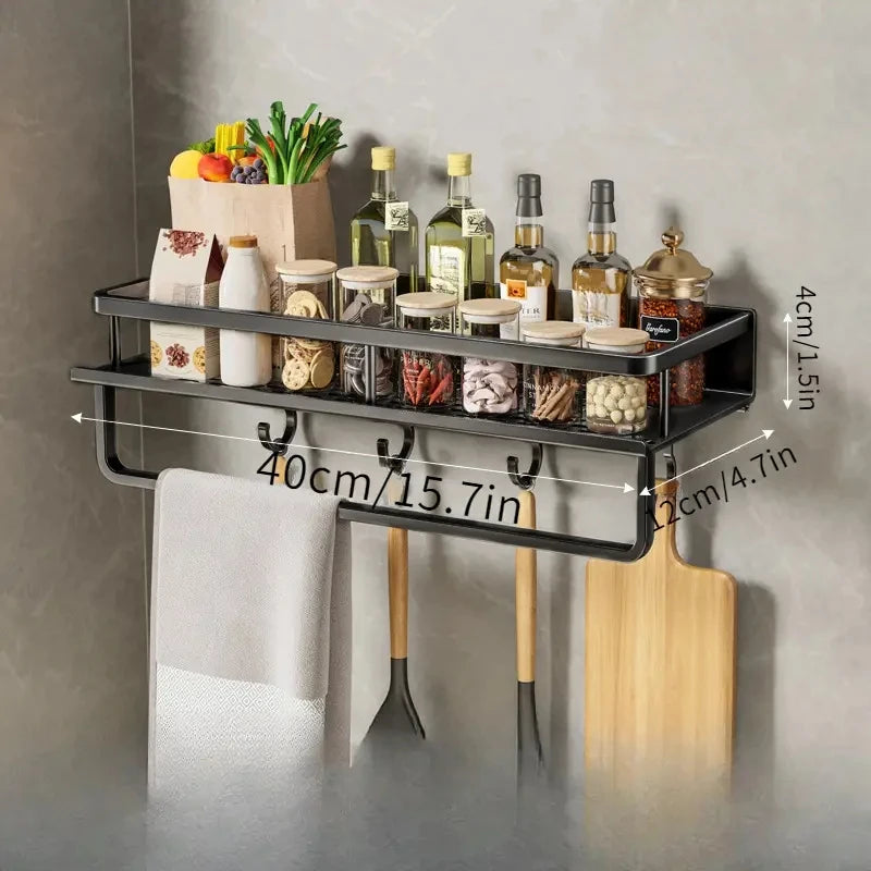 Wall Mounted Aluminum Kitchen Spice Rack with Hook Bar Storage Shelf Organizer – Black 50cm