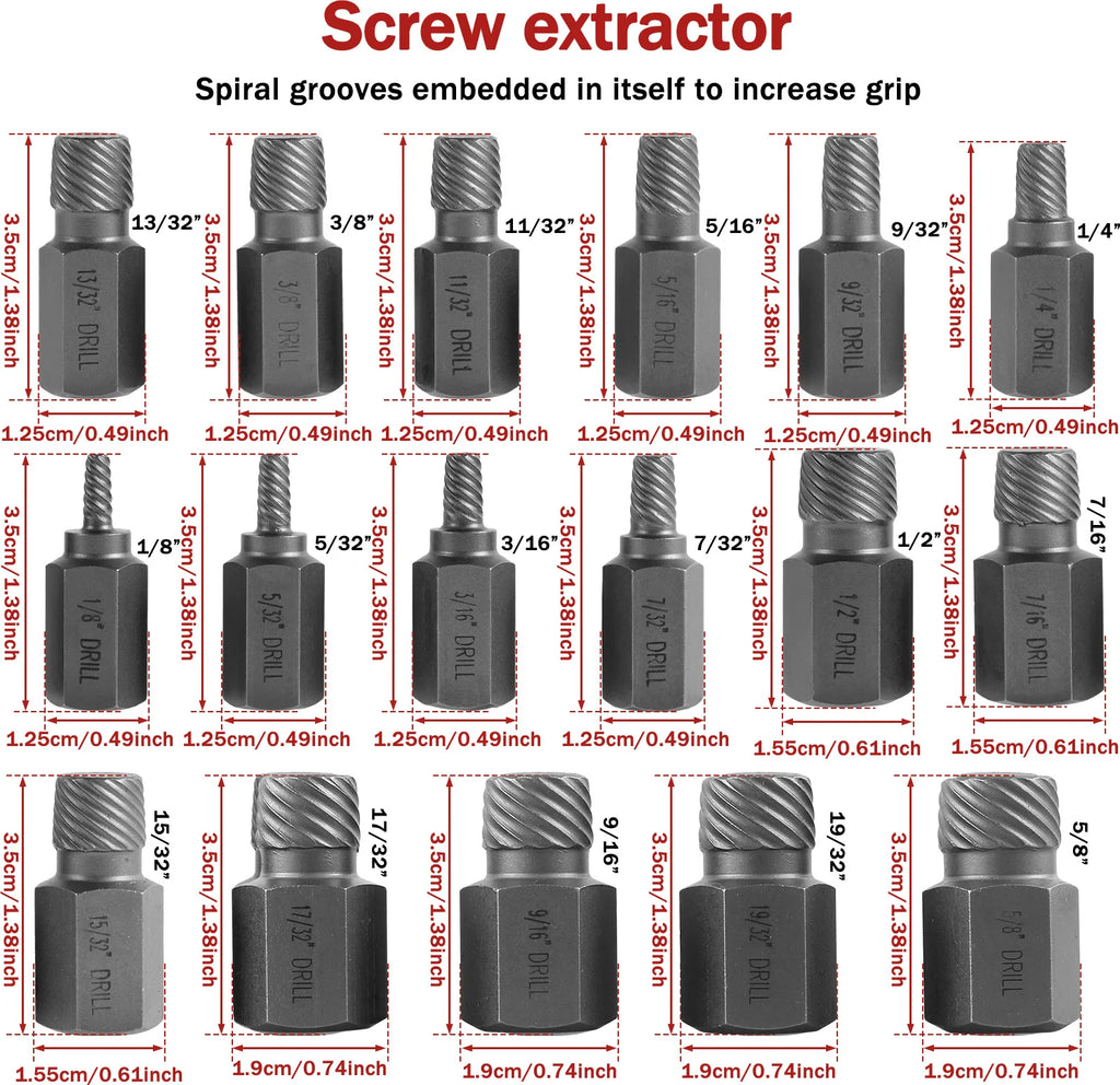 Bolt Extractor Set Heavy Duty Chrome Molybdenum Steel Spiral Screw Remover Kit Multi-Size 15-Piece