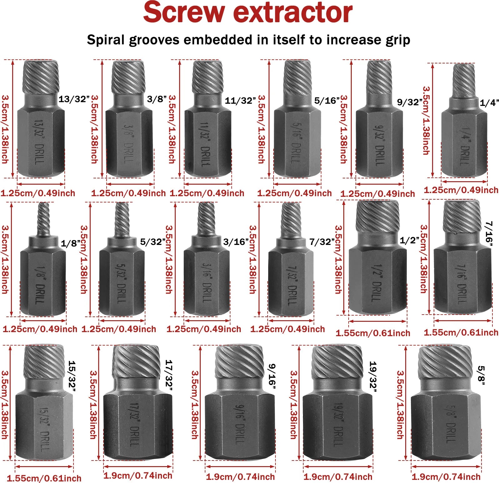 Bolt Extractor Set Heavy Duty Chrome Molybdenum Steel Spiral Screw Remover Kit Multi-Size 15-Piece