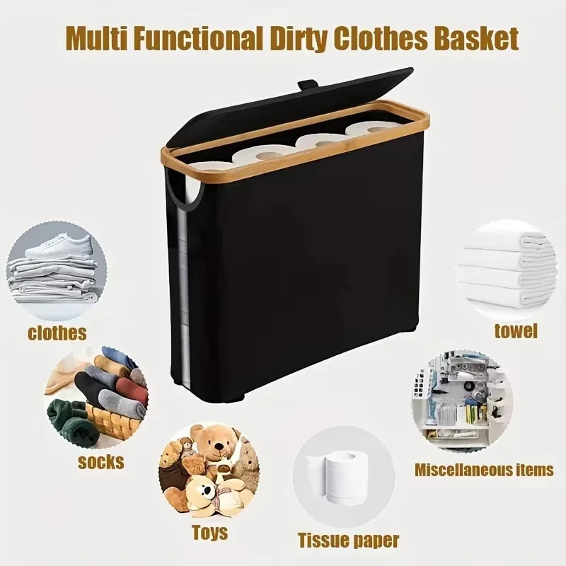 Toilet Paper Storage Basket 12 Roll Foldable Organiser with Bamboo Frame and Lid - Black